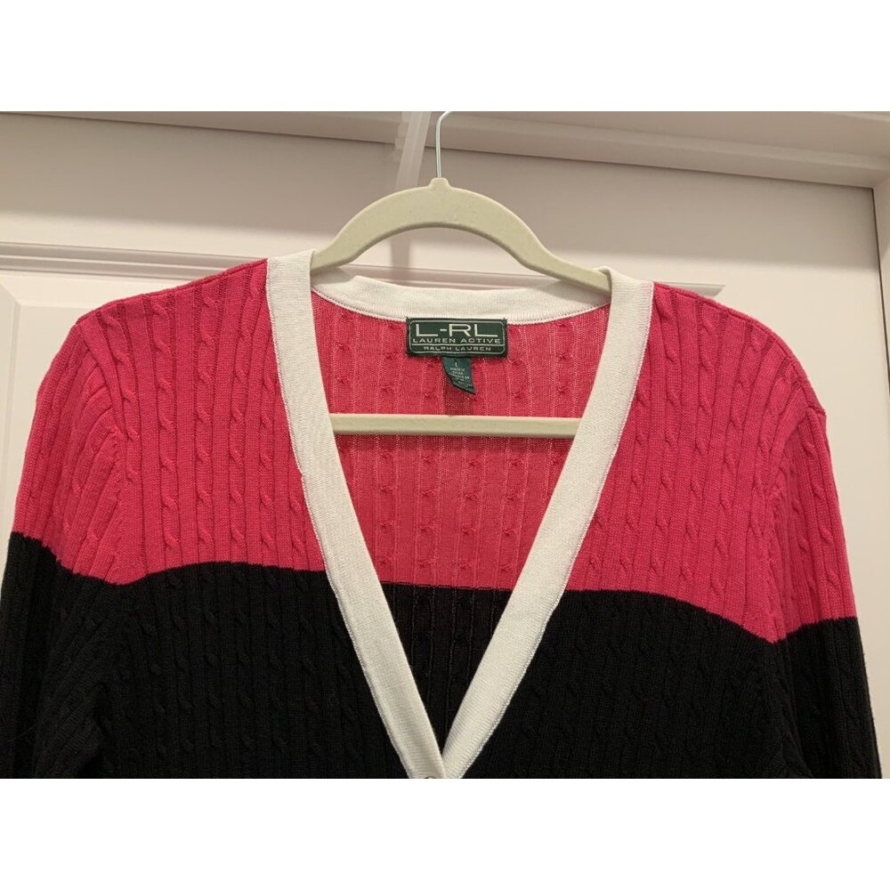 Ralph Lauren Active L-RL Cardigan Large Womens Pink Black Snaps Up White Trim - Picture 2 of 8